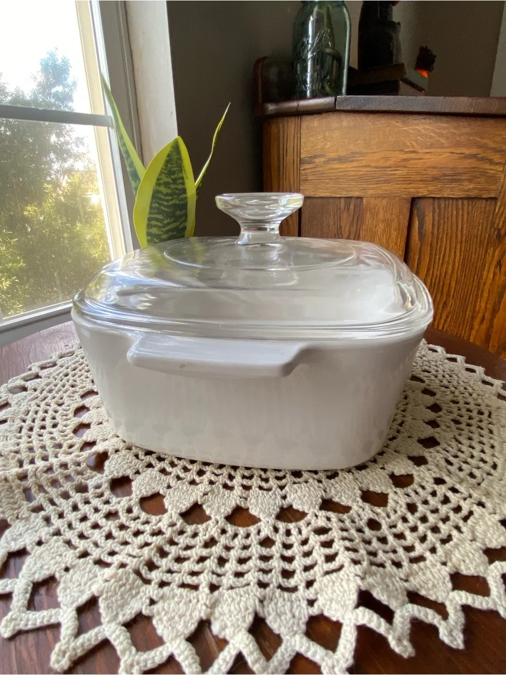 Vintage Corringware White Ceramic Herb & Vegetable Casserole Dish with Glass Lid